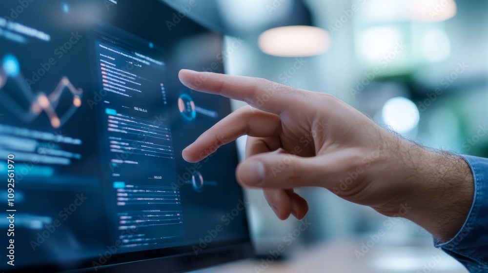 Close-Up of a Person's Hand Interacting with a Modern Touchscreen Display, Analyzing Data and Visualizations in a High-Tech Office Environment Close-Up of a Person's Hand Interacting with a Modern Touchscreen Display, Analyzing Data and Visualizations in a High-Tech Office Environment