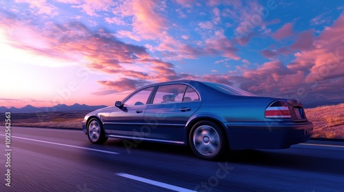 A sleek blue car drives along a highway under a vibrant sunset sky.