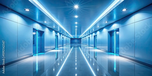 Moodily Lit Long Hallway with Blue Ceiling Lights - Minimalist Photography, Ambient Lighting, Modern Design, Architectural Aesthetics, Serene  photo