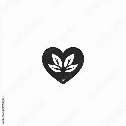 A minimalist black heart logo featuring green leaves, symbolizing nature and eco-friendliness. photo