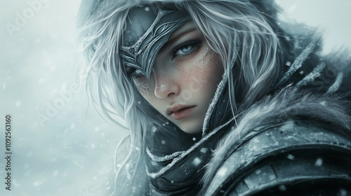 A frosty beauty in crystalline armor, exuding a cold allure while freezing the hearts of those who dare to oppose her, illustration, semi realistic drawing photo