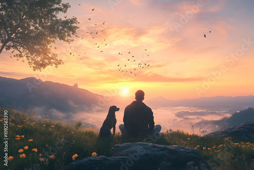 man sitting with a dog enjoying a serene sunset over a natural landscape bonding and tranquility. high quality image