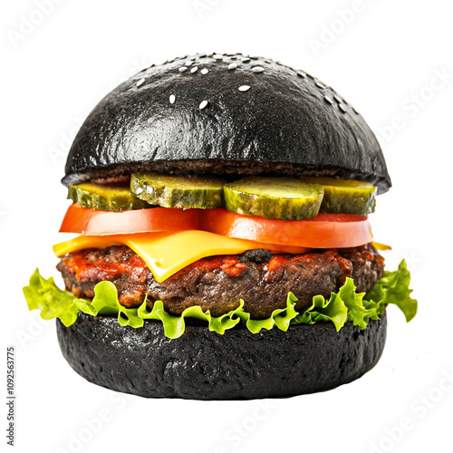 black hamburger on isolated transparent background  photo