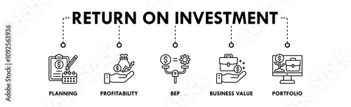 Return On Investment banner web icon illustration concept with icon of planning, profitability, bep, business value, and portfolio
