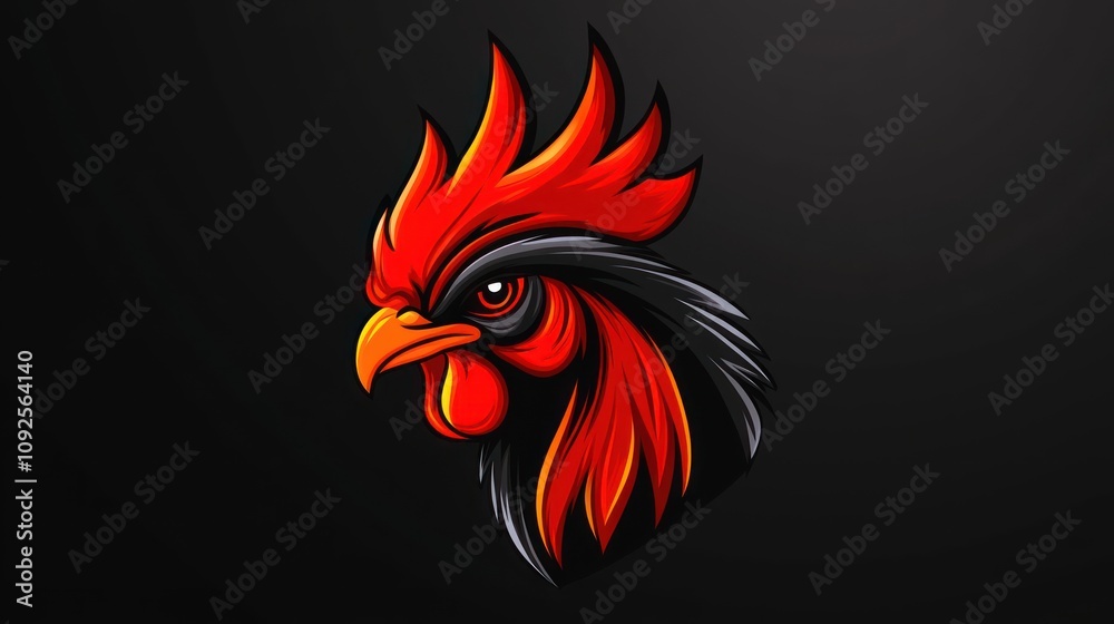Obraz premium A stylized rooster head in red and black, looking to the left, on a dark gray background.