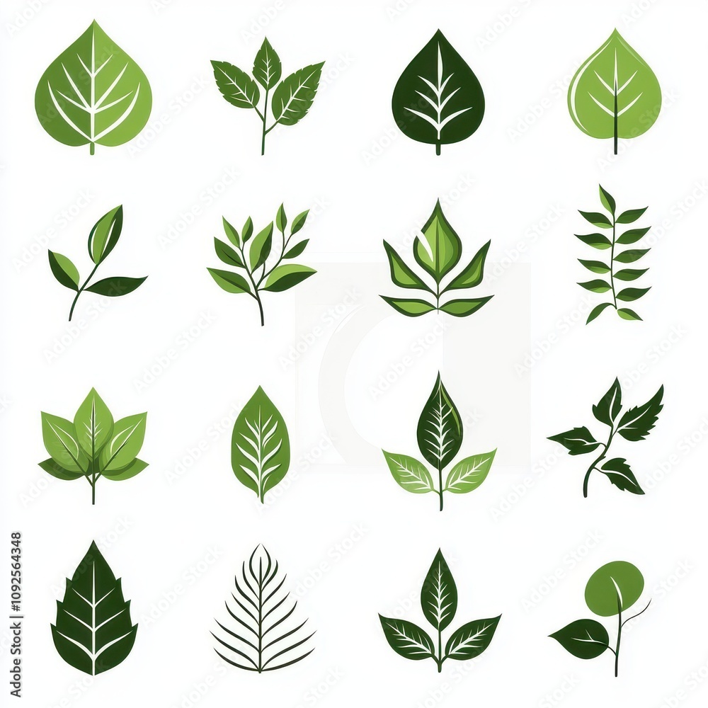 A diverse collection of green leaves showcasing various shapes and sizes, perfect for nature-themed projects. A diverse collection of green leaves showcasing various shapes and sizes, perfect for nature-themed projects.