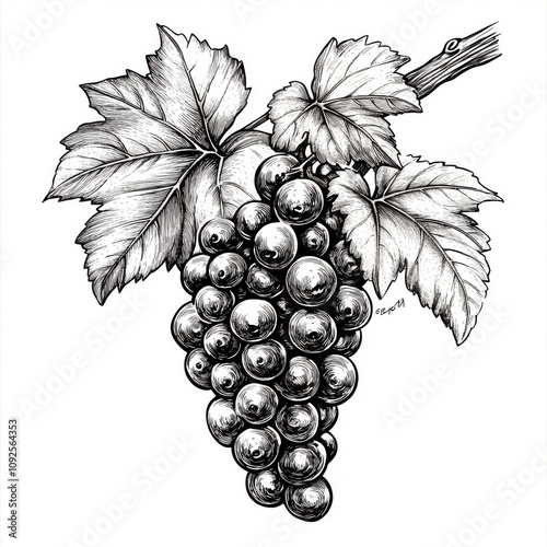 Detailed black and white illustration of a grapevine with clusters of grapes and leaves.