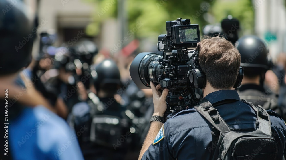 A cameraman films a crowd of people from behind, capturing the scene with a professional camera. A cameraman films a crowd of people from behind, capturing the scene with a professional camera.