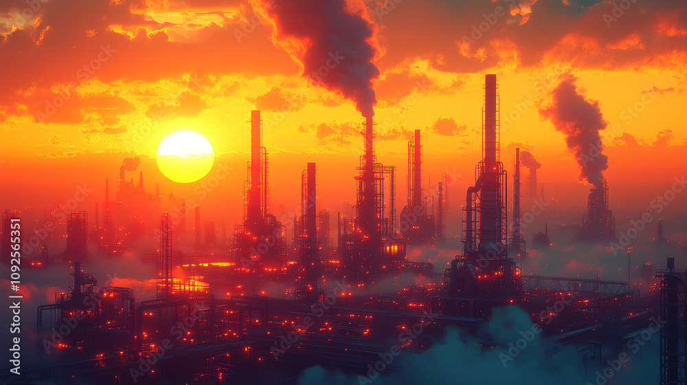 Sunset casts a dramatic glow over industrial skyline with smokestacks and oil rigs in vibrant colors. Generative AI Sunset casts a dramatic glow over industrial skyline with smokestacks and oil rigs in vibrant colors. Generative AI
