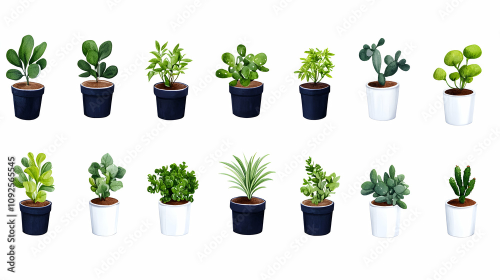 Fototapeta premium Watercolor Illustration of Various Potted Houseplants in Dark and Light Pots, a Vibrant Collection of Indoor Greenery.