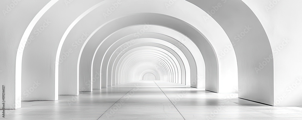 Naklejka premium Minimalist interior with arches, bright white walls and floor, spacious and modern.