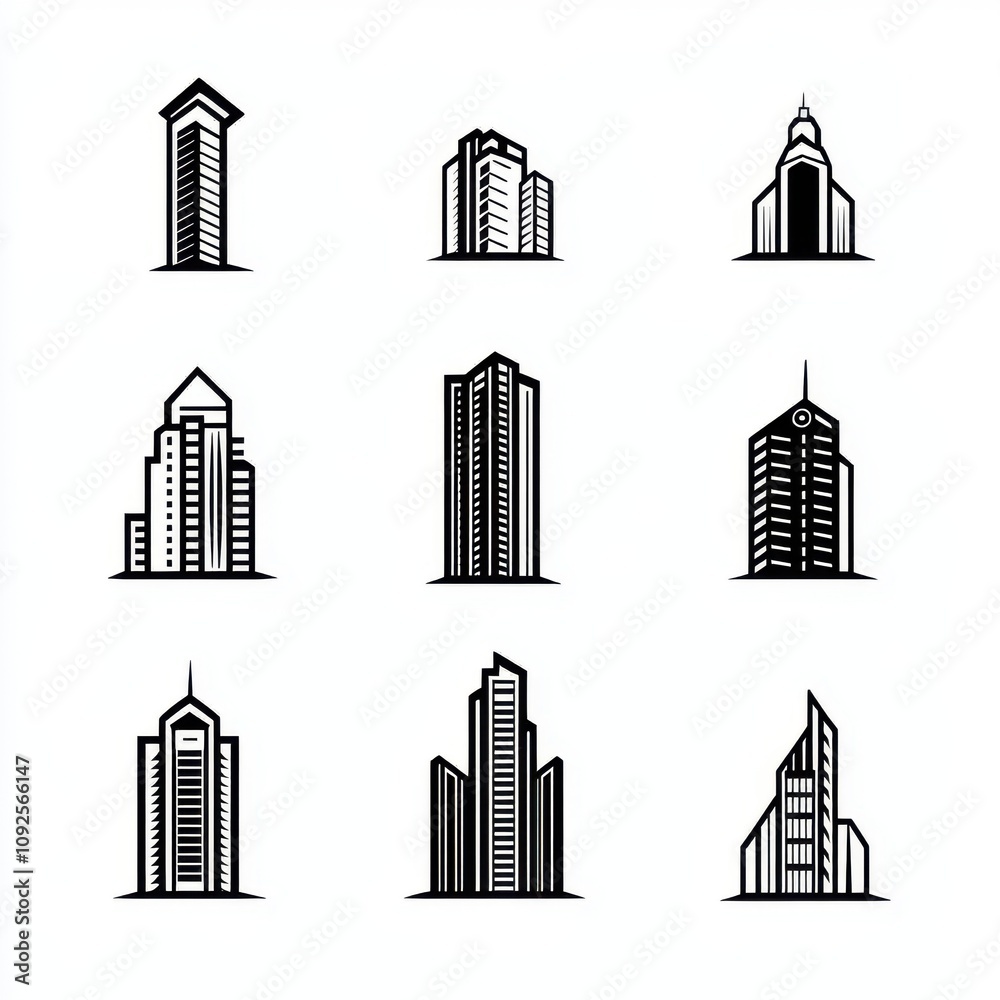 Fototapeta premium A collection of nine minimalist skyscraper icons in black and white, showcasing modern architectural designs.