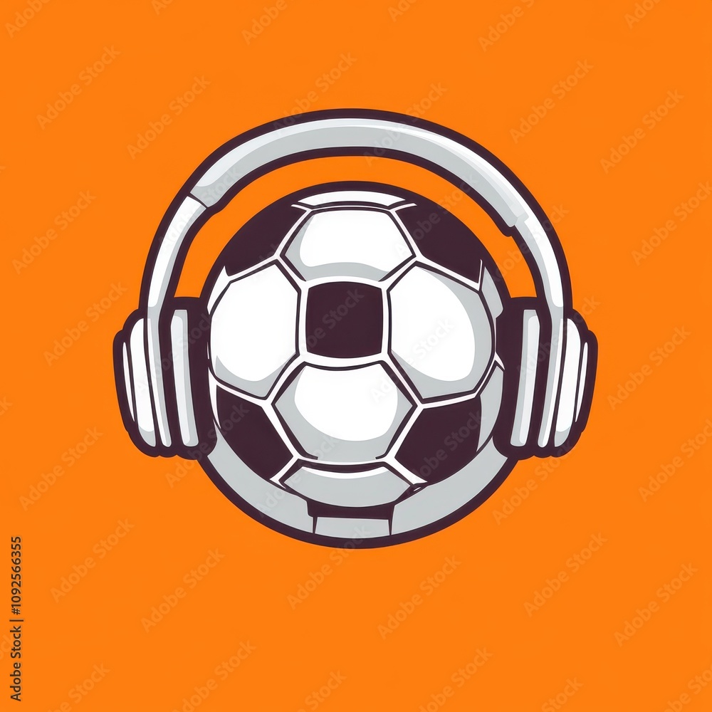 Obraz premium A stylish illustration of a soccer ball wearing headphones against a vibrant orange background.