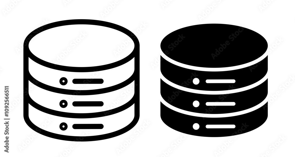 Database Icon set in black filled and line. Database Icon set in black filled and line.