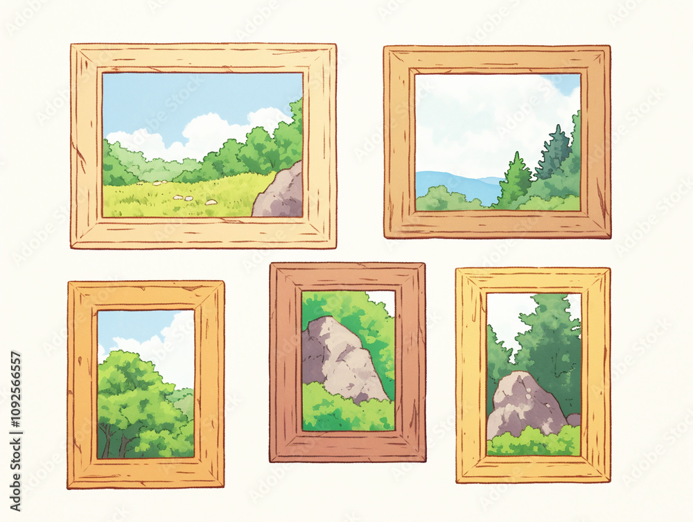 Fototapeta premium Charming Landscape Paintings in Wooden Frames