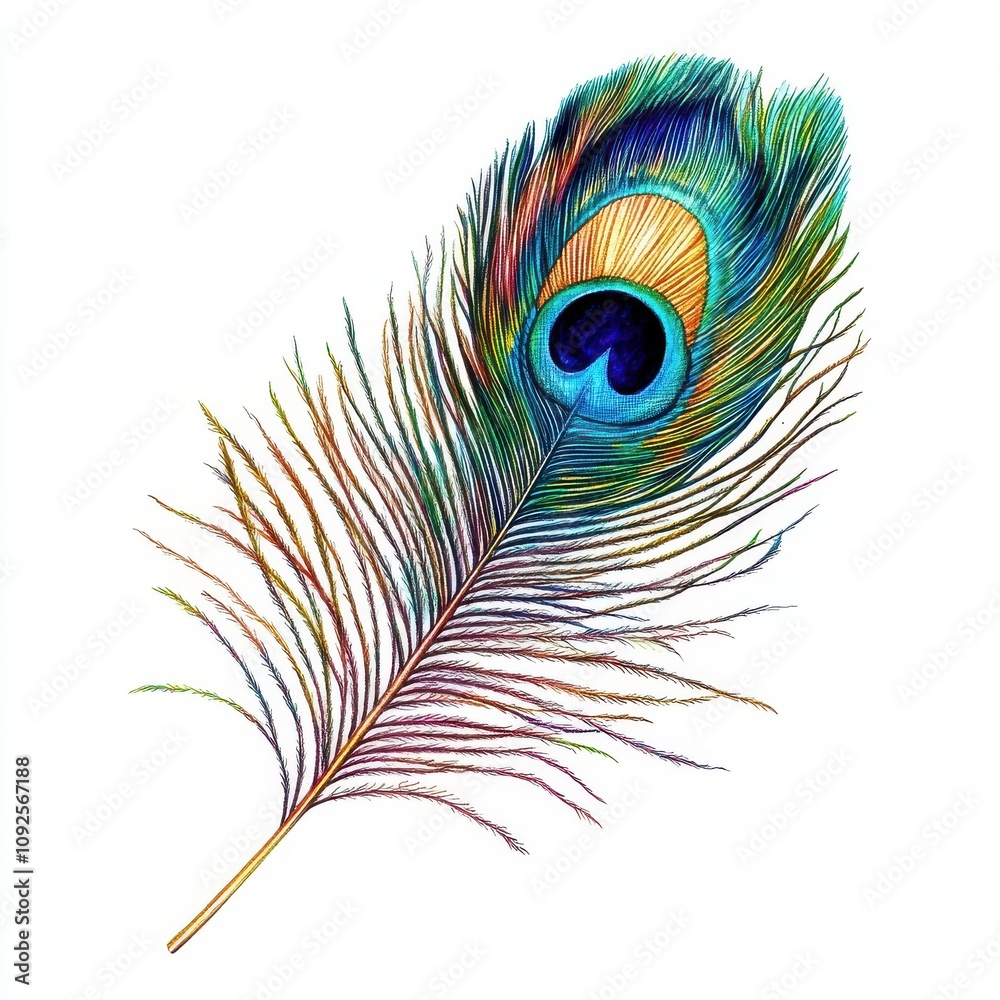 Fototapeta premium A vibrant peacock feather showcasing stunning colors and intricate patterns against a white background.
