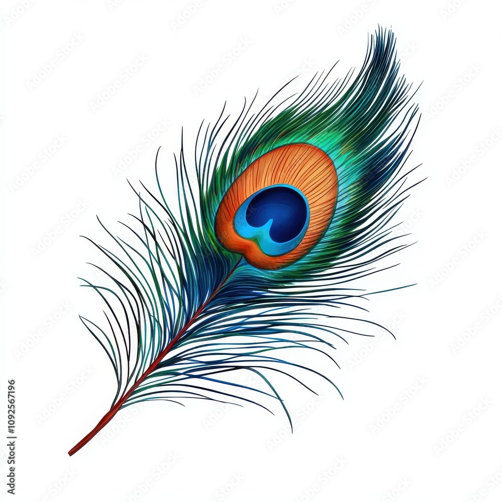 Obraz premium An intricately designed peacock feather with vibrant colors, showcasing shades of blue, green, and orange.