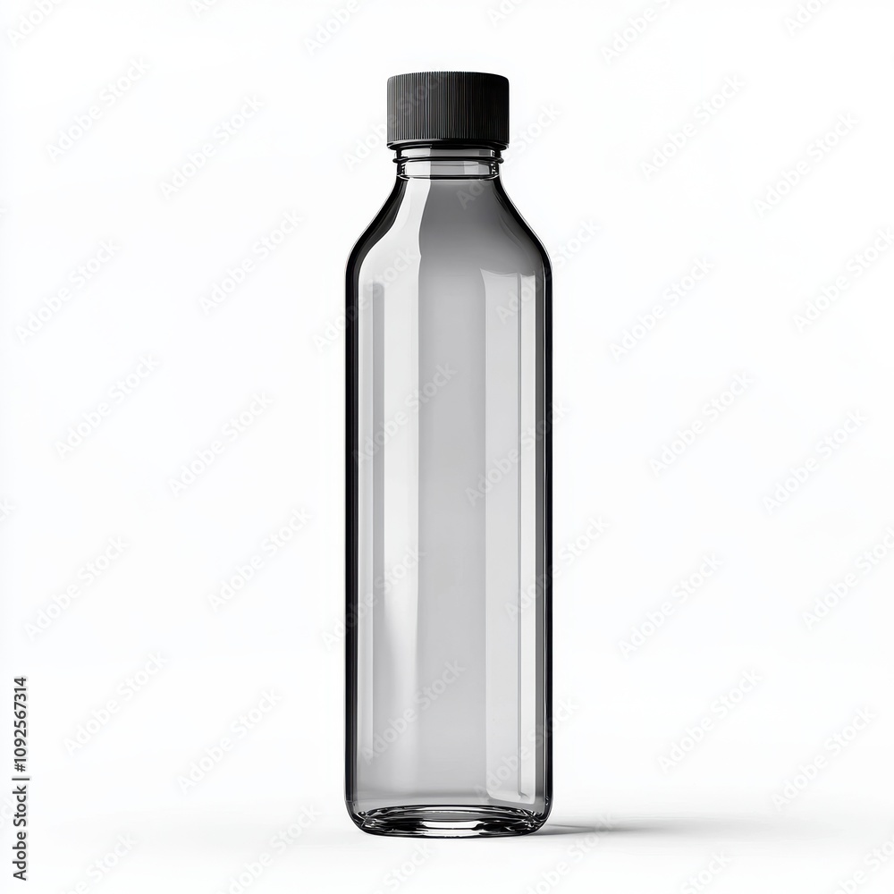 Clear plastic water bottle with a black cap on a minimalist white background.
