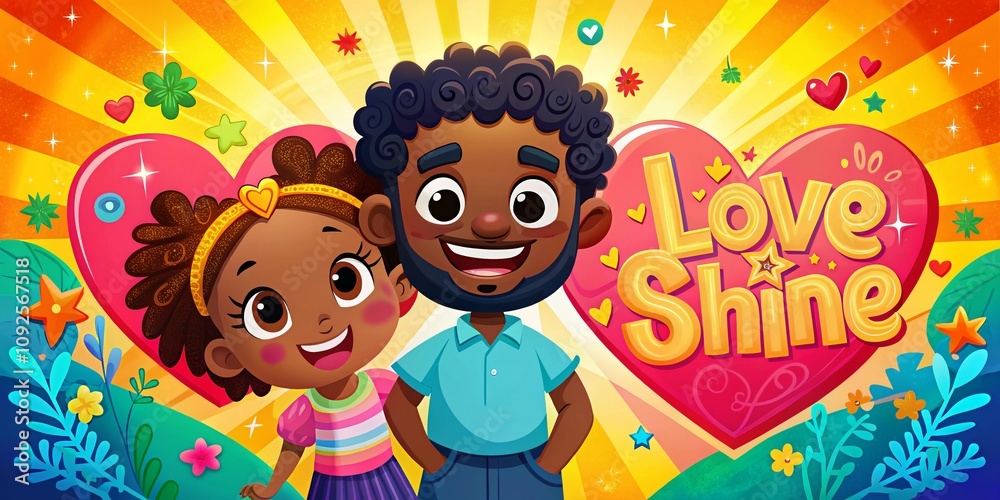 Fototapeta premium Heartwarming Black Love Animation Showcasing Joyful Connection Between Two Characters with Playful Colors and Heart Motifs, Perfect for Celebrating Diverse Relationships