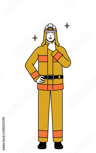 自信家のポーズを取る防火服姿の消防士