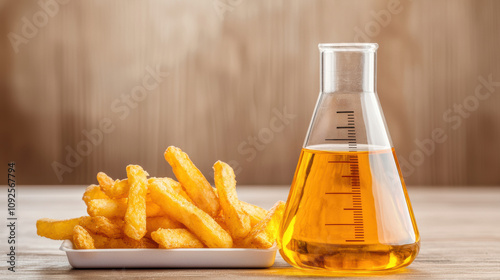 Acrylamide Testing: French Fries and Oil Close-up of golden French fries beside a lab beaker containing extracted oil, highlighting acrylamide studies in food safety research