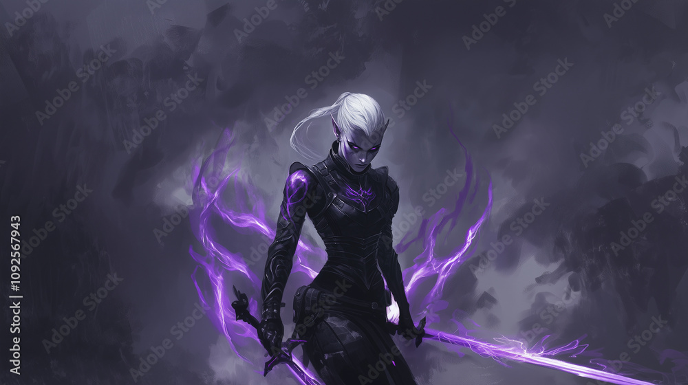 A swift and silent night elf rogue with sleek black armor, glowing purple tattoos, and an aura of darkness surrounding their figure, illustration, semi realistic drawing