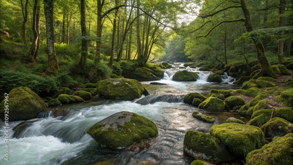 Water flows over moss-covered rocks in a forested river, slow shutter speed, peaceful environment, forest river, serene atmosphere, natural scenery Water flows over moss-covered rocks in a forested river, slow shutter speed, peaceful environment, forest river, serene atmosphere, natural scenery
