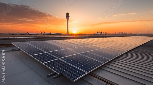 Harnessing Solar Power: A Stunning Sunset Over an Airport's Eco-Friendly Terminal Rooftop. Energy Stock, Renewable, Sustainable Concept photo