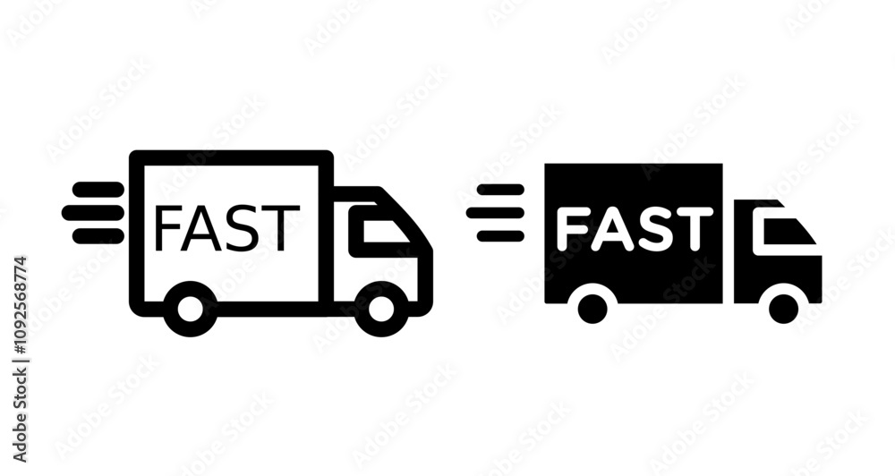 Fast delivery truck Icon set in black filled and line. Fast delivery truck Icon set in black filled and line.