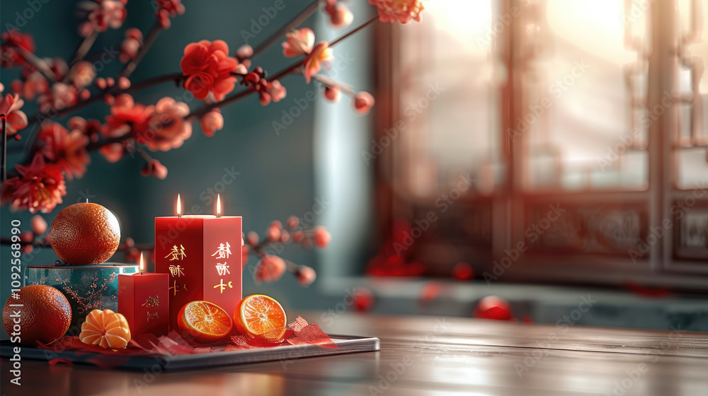 A close-up of traditional Chinese New Year symbols on a decorated table: red envelopes, oranges, gold ingots, and red candles, arranged elegantly, subtle reflections on a polished wooden surface. A close-up of traditional Chinese New Year symbols on a decorated table: red envelopes, oranges, gold ingots, and red candles, arranged elegantly, subtle reflections on a polished wooden surface.