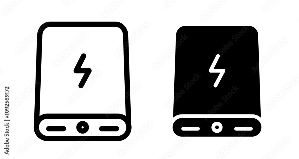 Power bank Icon set in black filled and line. Power bank Icon set in black filled and line.