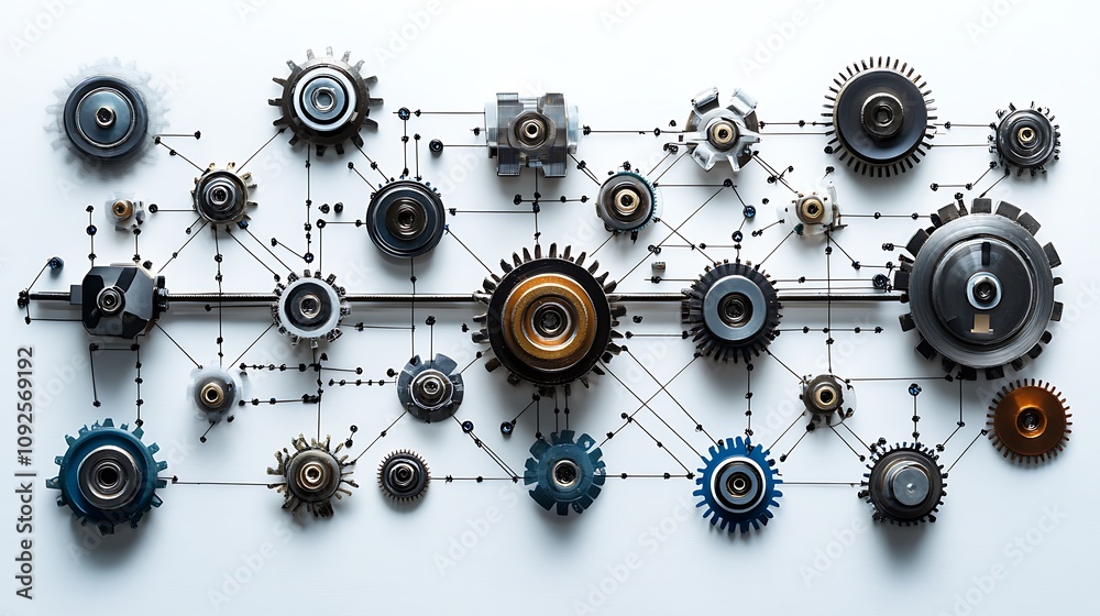 Mechanical and digital components linked in a transformative network isolated on white Mechanical and digital components linked in a transformative network isolated on white
