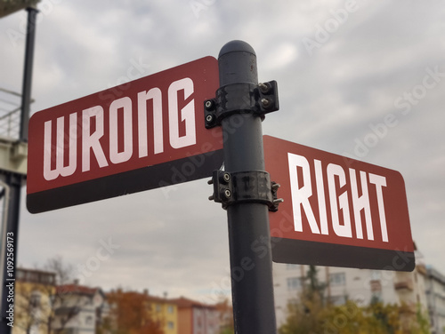 Right vs Wrong: A Metaphorical Crossroads Reflecting Moral Choices, Ethical Dilemmas, and the Timeless Struggle Between Integrity, Consequences, and Personal Responsibility in Life’s Journey. photo