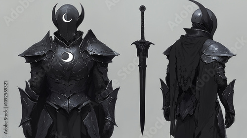 Eclipse Vanguard  A shadow knight dressed in obsidian armor, with a crescent moon crest on their helm and a cursed black blade, illustration, semi realistic drawing photo