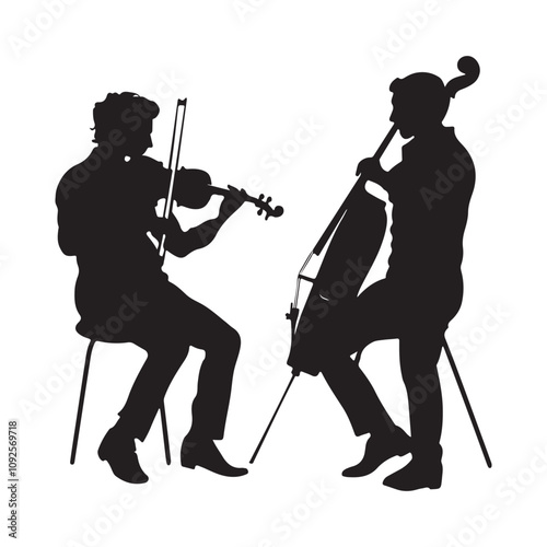 Silhouette Two adult men play musical instruments. The violinist is holding the violin, the guy is playing cello vector image