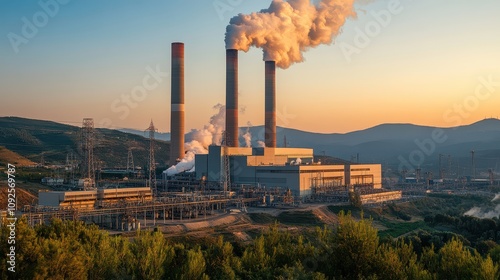 Geothermal Energy Extraction Operation Concept, Geothermal Power Station in a Volcanic Region Generating Steam Amidst Scenic Landscape During Sunset with Industrial Infrastructure and Mountains