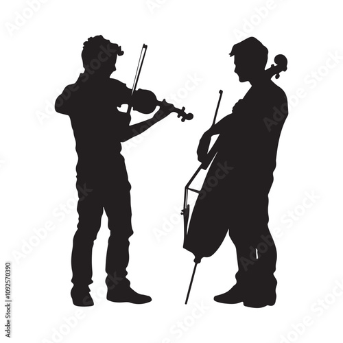 Silhouette Two adult men play musical instruments. The violinist is holding the violin, the guy is playing cello vector image