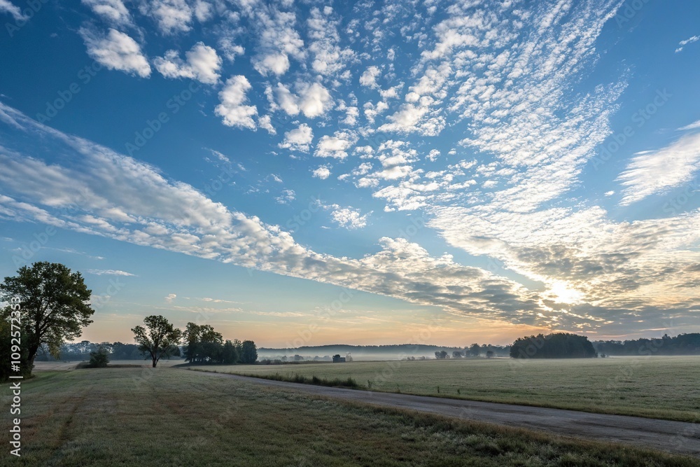 Obraz premium Gentle morning light dancing across a canvas of expansive blue sky with scattered wispy clouds, open landscape, soft illumination, sky and cloud formations