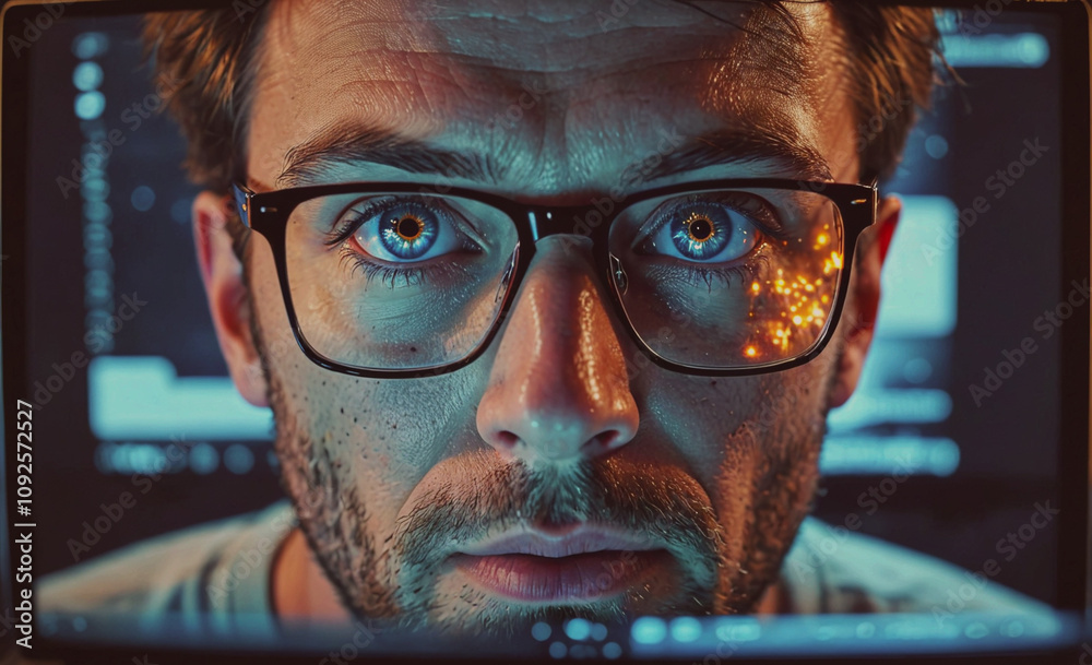 Man with glasses is staring at a computer screen. The screen is black and white. The man's eyes are open and he is looking directly at the camera Man with glasses is staring at a computer screen. The screen is black and white. The man's eyes are open and he is looking directly at the camera