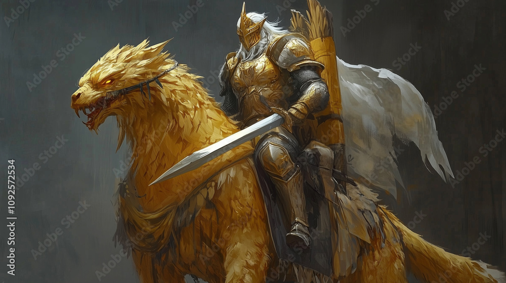 Fototapeta premium Griffon Rider Commander  A seasoned knight mounted on a massive golden griffon, wielding a lance tipped with enchanted light, illustration, semi realistic drawing