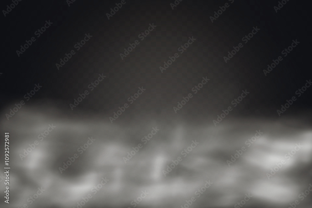 Smoke effect background. Realistic decorative fog in the air, vapor, creeping smoke puff. Layout of cloudy smog. Transparency vector illustration.