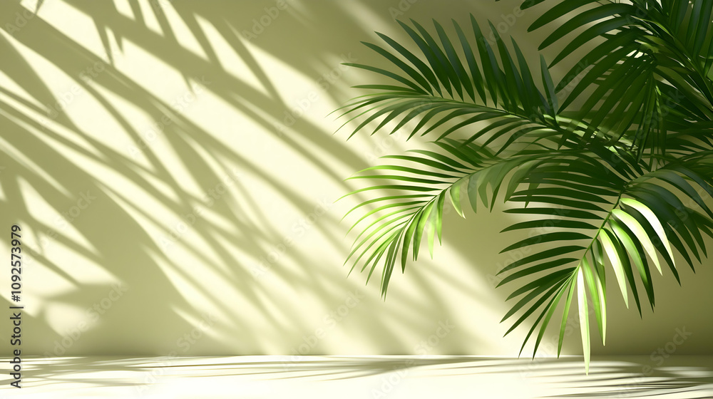 Obraz premium A 3D Rendering of a Palm Leaf Casts Shadows on a Yellow Wall, Creating an Abstract Background Image