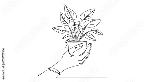 Hand holding plant's pot one line continuous drawing