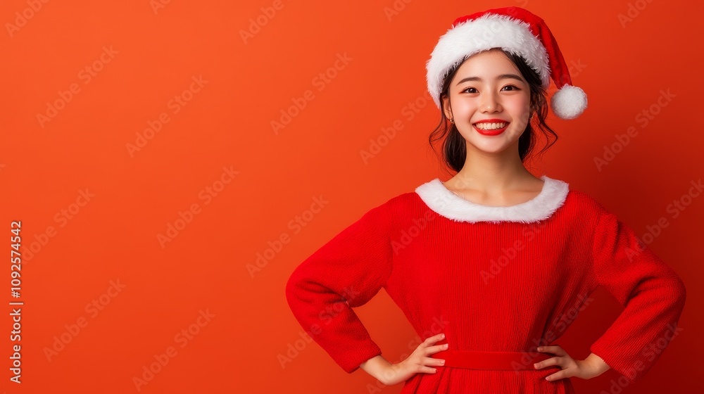 A Joyful Celebration A Young Woman Dressed in Festive Christmas Attire Posing Against a Vibrant Orange Background A Joyful Celebration A Young Woman Dressed in Festive Christmas Attire Posing Against a Vibrant Orange Background