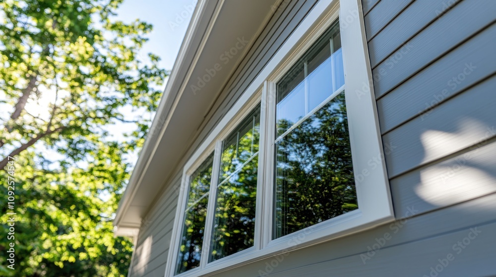 A close-up view of a house window reflecting greenery outside. A close-up view of a house window reflecting greenery outside.