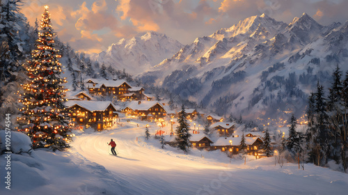 A rich acrylic painting of a snowy mountain scene with a lone skier descending, distant wooden chalets lit with warm lights, and a decorated Christmas tree in the foreground.