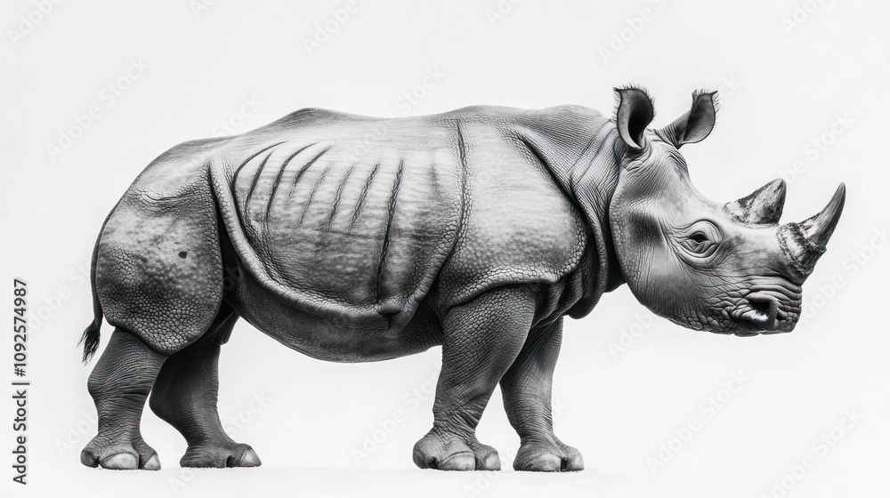Obraz premium White rhinoceros isolated on white background, a huge, horned, endangered mammal