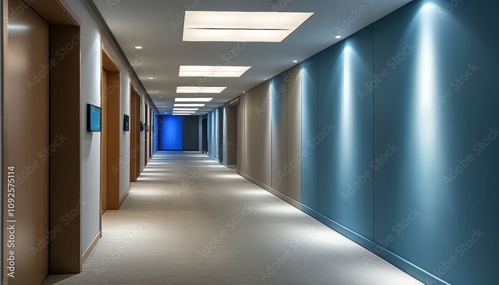 Modern well-lit hallway with contemporary design and copy space Modern well-lit hallway with contemporary design and copy space