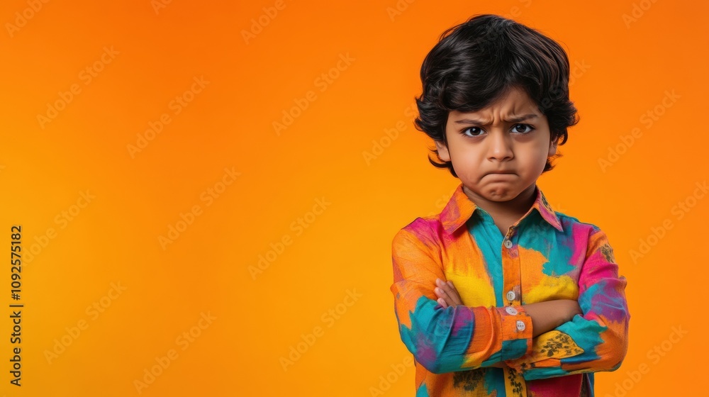 Expressive young boy with colorful shirt on vibrant orange background with copy space