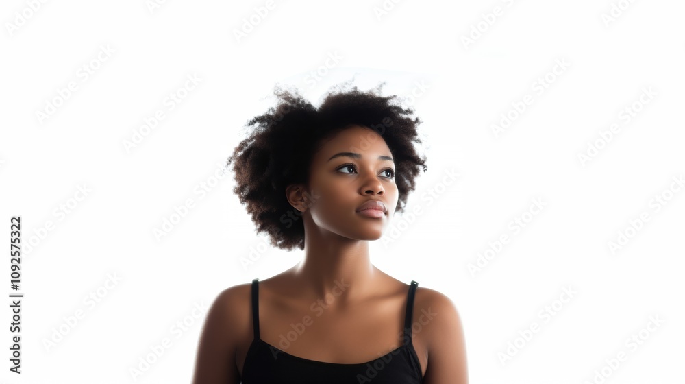 Thoughtful young african american woman on white background with copy space Thoughtful young african american woman on white background with copy space